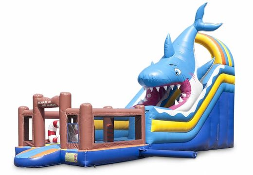 Le toboggan gonflable sur le thème des requins avec une pataugeoire, un objet 3D impressionnant, des couleurs fraîches et les obstacles 3D commandés pour les enfants. Achetez des toboggans gonflables maintenant en ligne chez JB Gonflables France