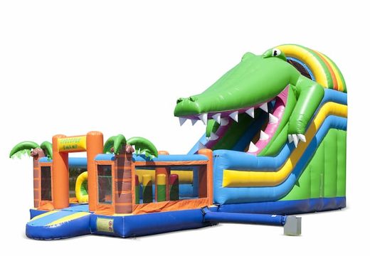 Le toboggan gonflable sur le thème du crocodile avec une pataugeoire, un objet 3D impressionnant, des couleurs fraîches et des obstacles 3D pour les enfants. Achetez des toboggans gonflables maintenant en ligne chez JB Gonflables France