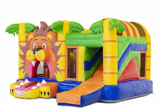 Château gonflable multijoueur sur le thème du lion avec toboggan et obstacles pour les enfants