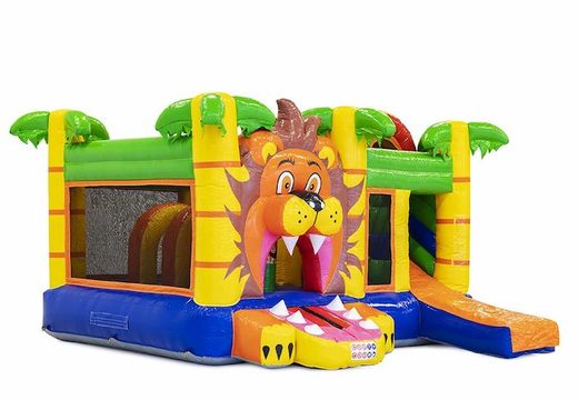 Château gonflable multijoueur sur le thème du lion avec toboggan et obstacles pour enfants