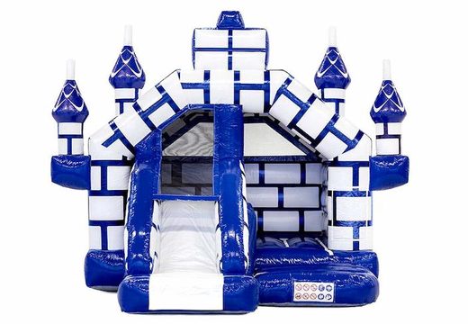 Commandez un château gonflable gonflable avec toboggan sur le thème du château avec du bleu et du blanc pour les enfants