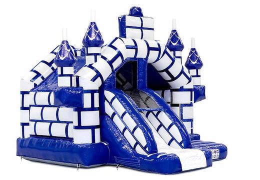 Slide combo videur gonflable avec toboggan sur le thème du château avec commande bleue et blanche pour les enfants
