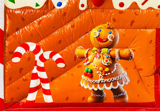 Illustration d'un personnage en pain d'épice sur un château gonflable Multiplay en vente chez JB