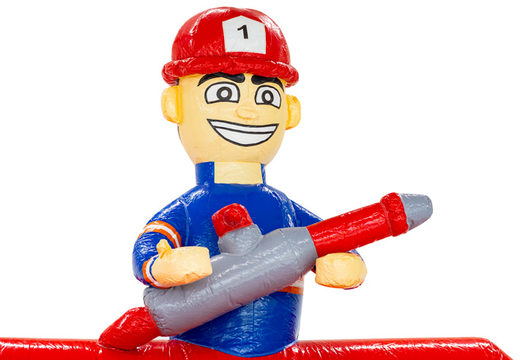 Figurine 3D sur le château gonflable Double Slide avec un thème de pompier et tuyau d'incendie