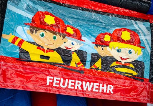 Château gonflable thème pompier avec illustration de pompiers allemands, commandez en ligne